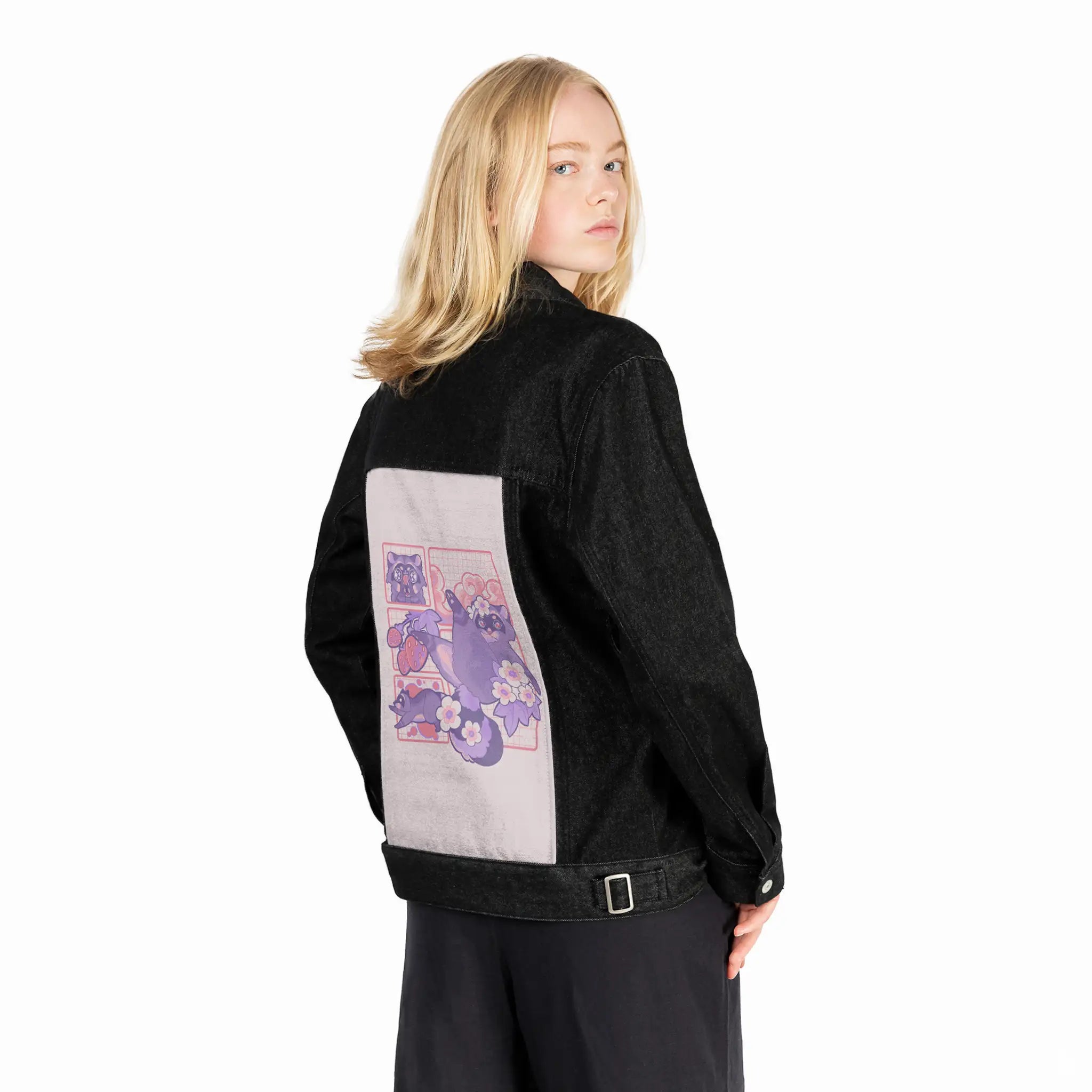 raccoon patch on female og denim jacket in raven