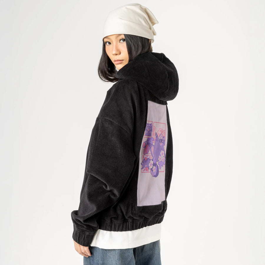 raccoon patch on female retro cord hoodie in onyx