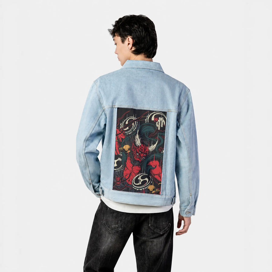 raijin patch on male og denim jacket in oceanside
