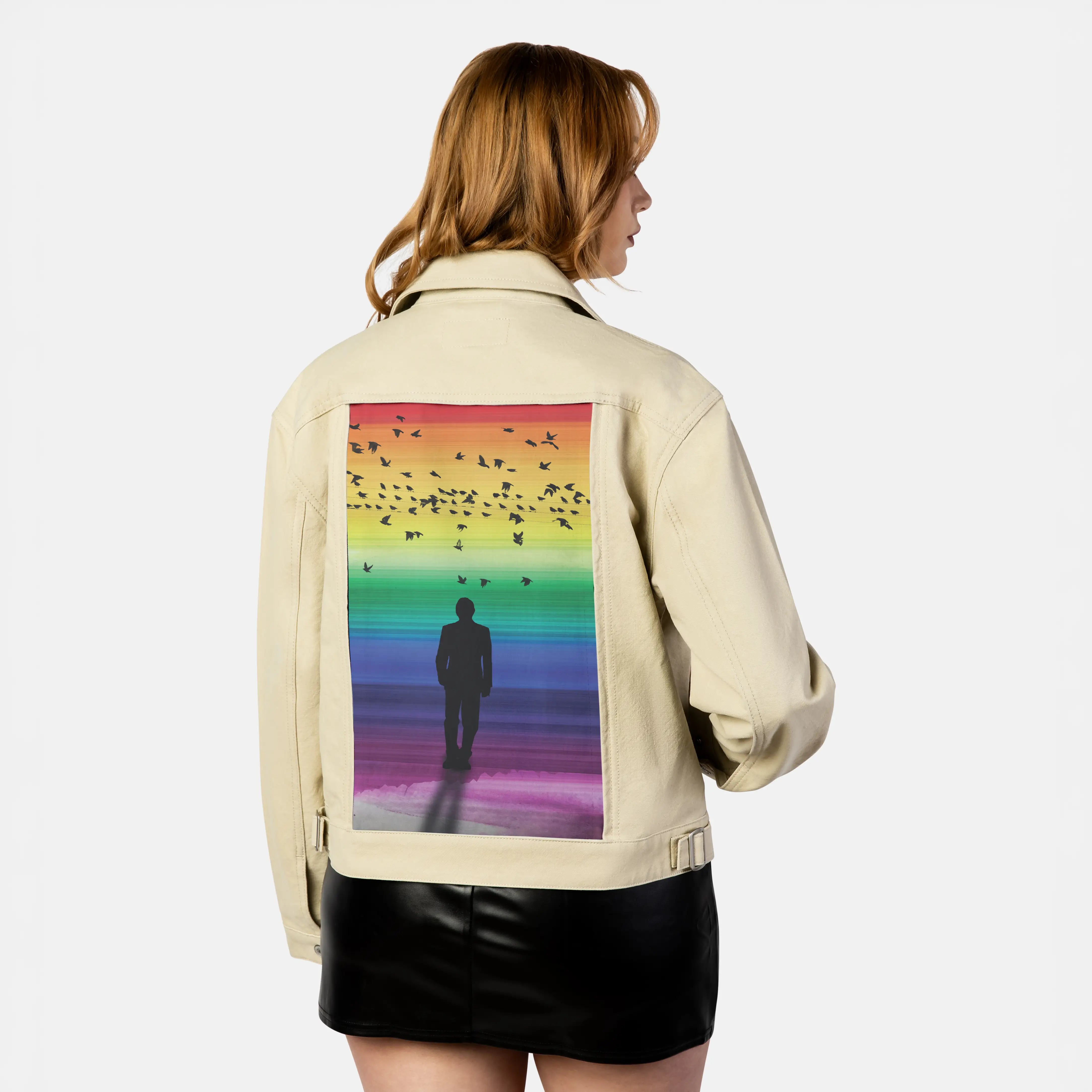 rainbowhorizons patch on female atelier canvas jacket in tan