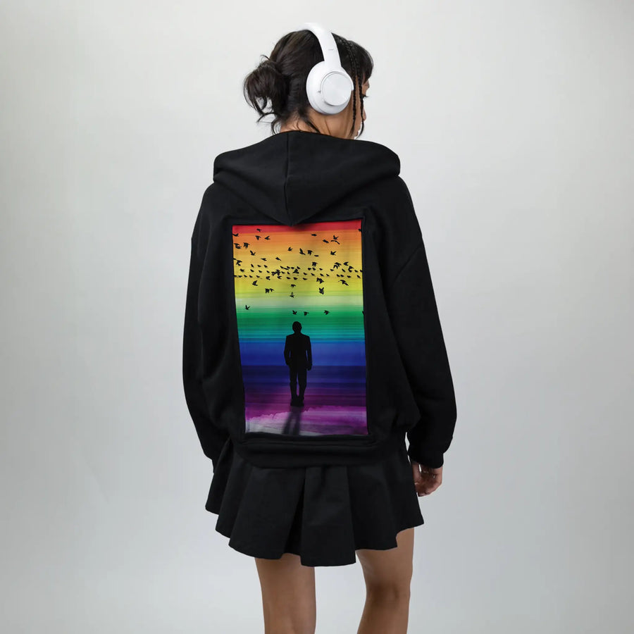 rainbowhorizons patch on female essential zip hoodie in after hours