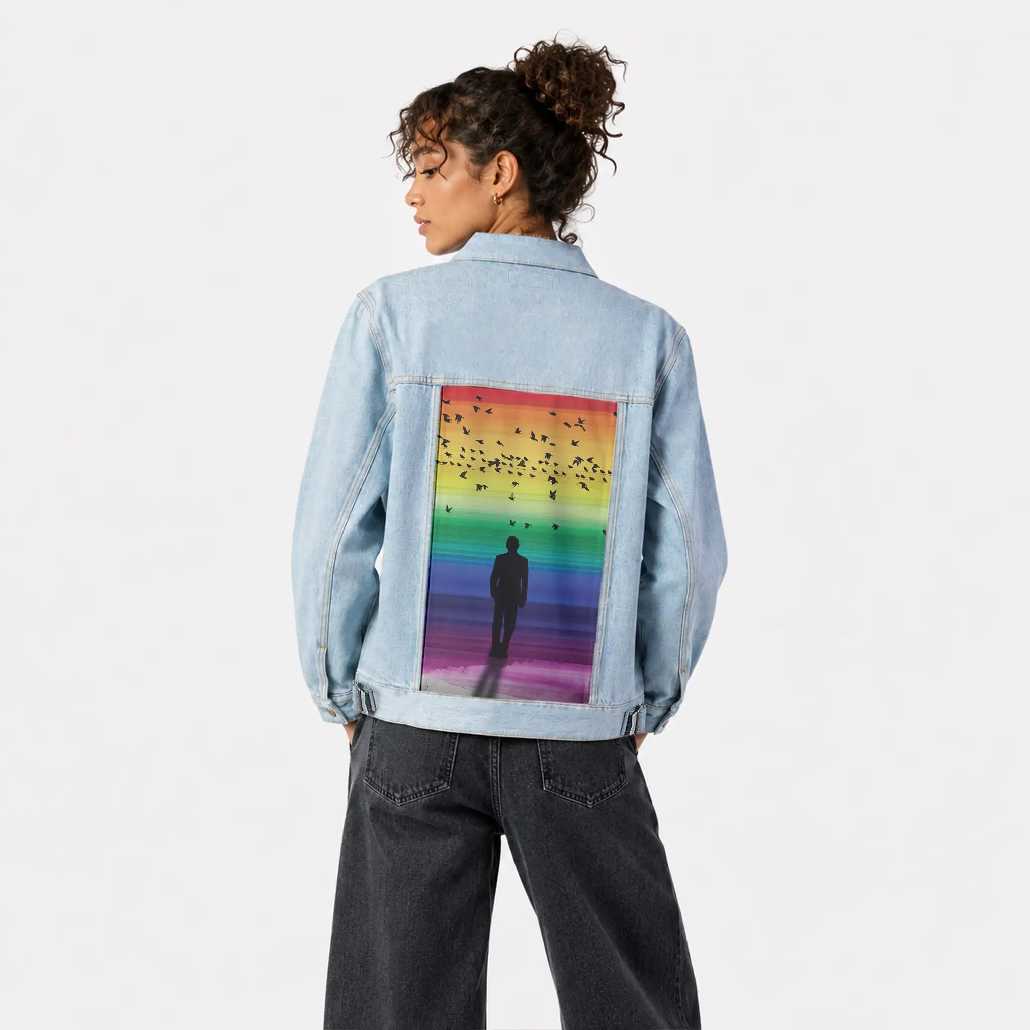 rainbowhorizons patch on female og denim jacket in oceanside