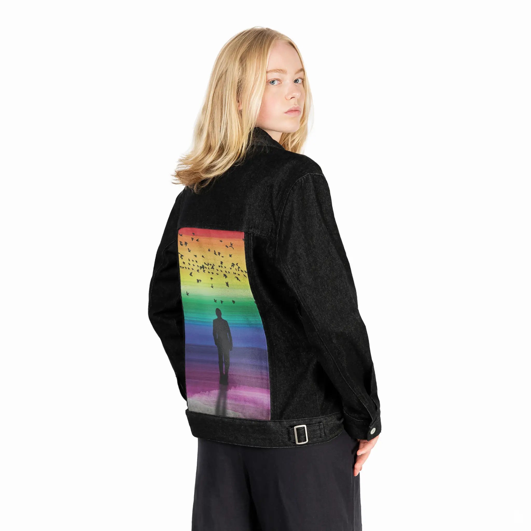 rainbowhorizons patch on female og denim jacket in raven