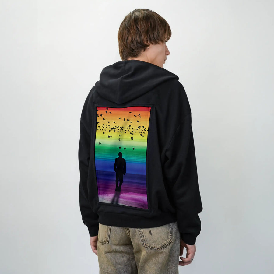 rainbowhorizons patch on male essential zip hoodie in after hours