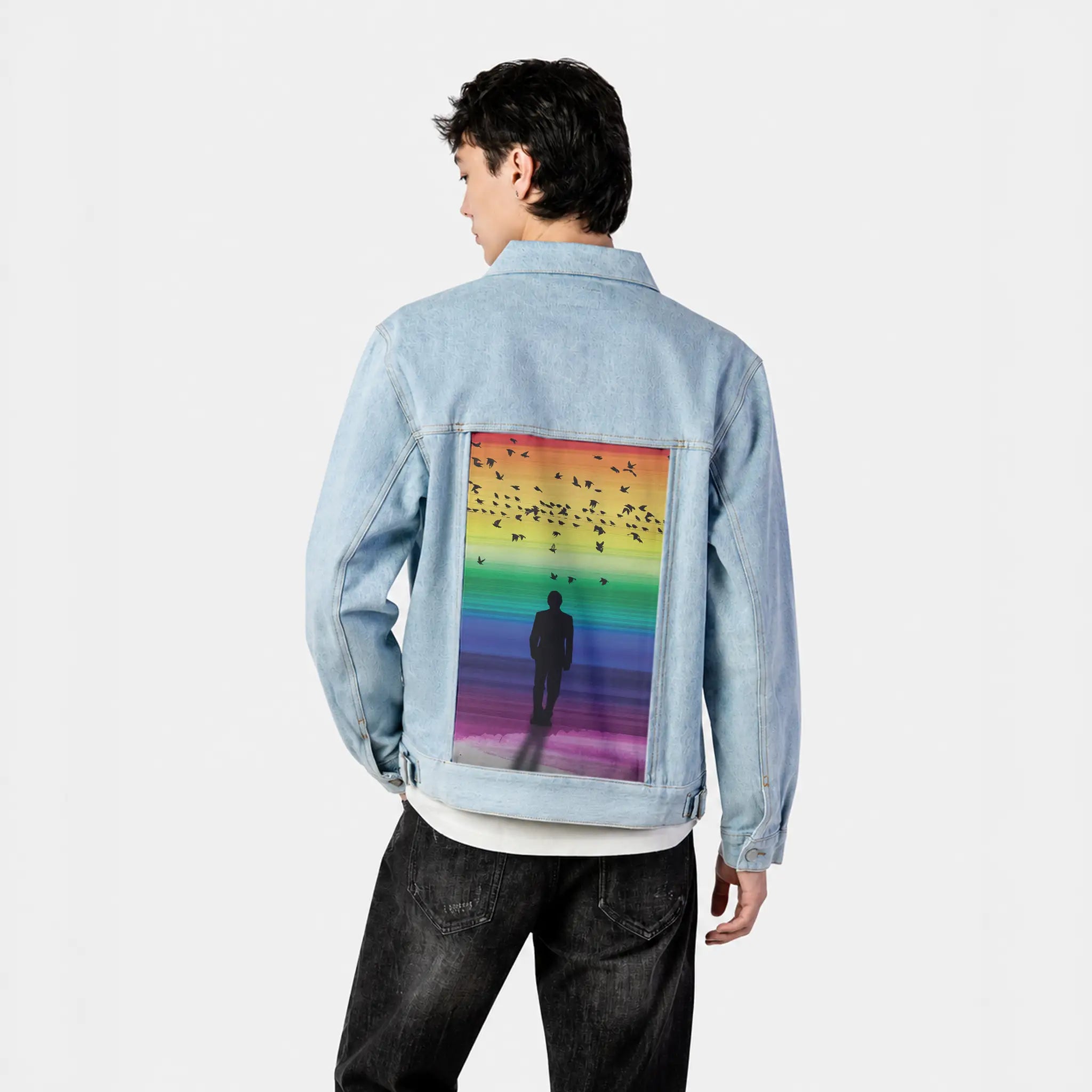 rainbowhorizons patch on male og denim jacket in oceanside
