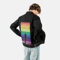 rainbowhorizons patch on male og denim jacket in raven