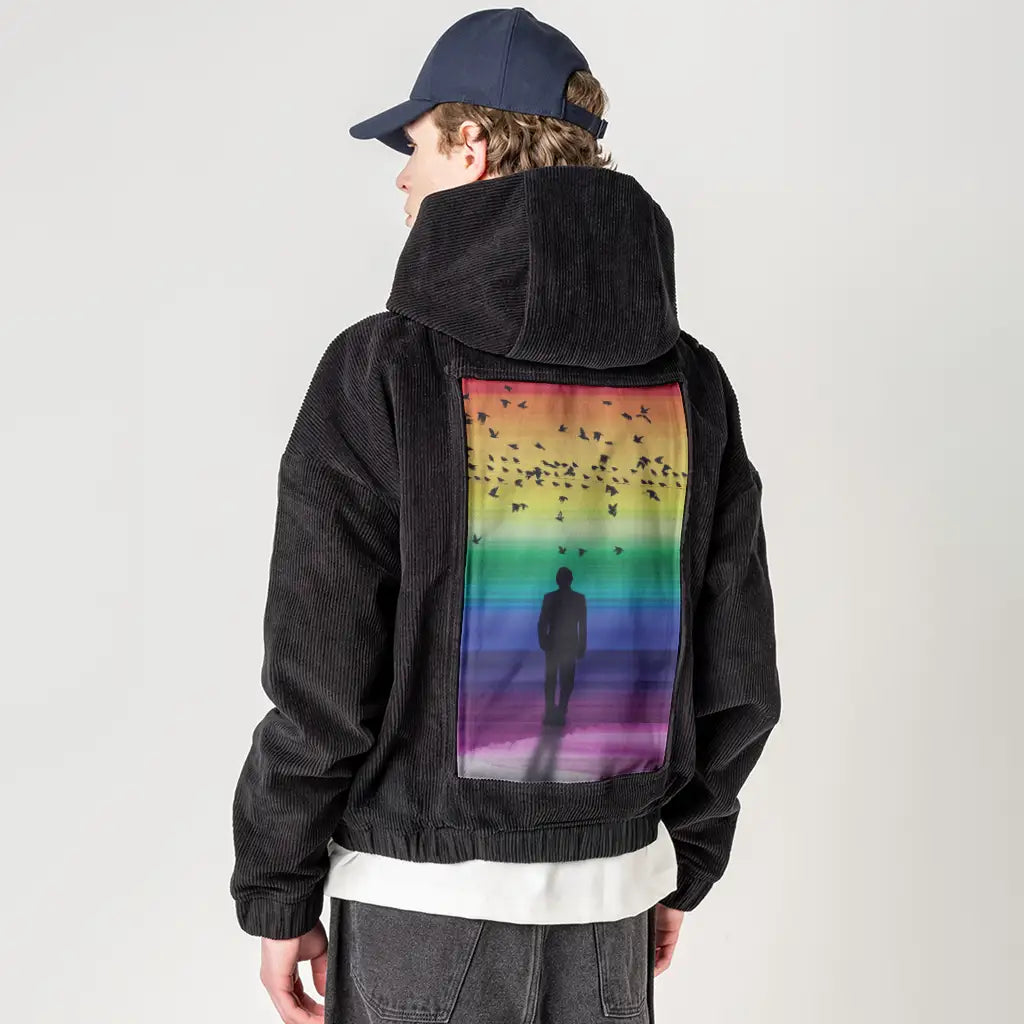 rainbowhorizons patch on male retro cord hoodie in onyx