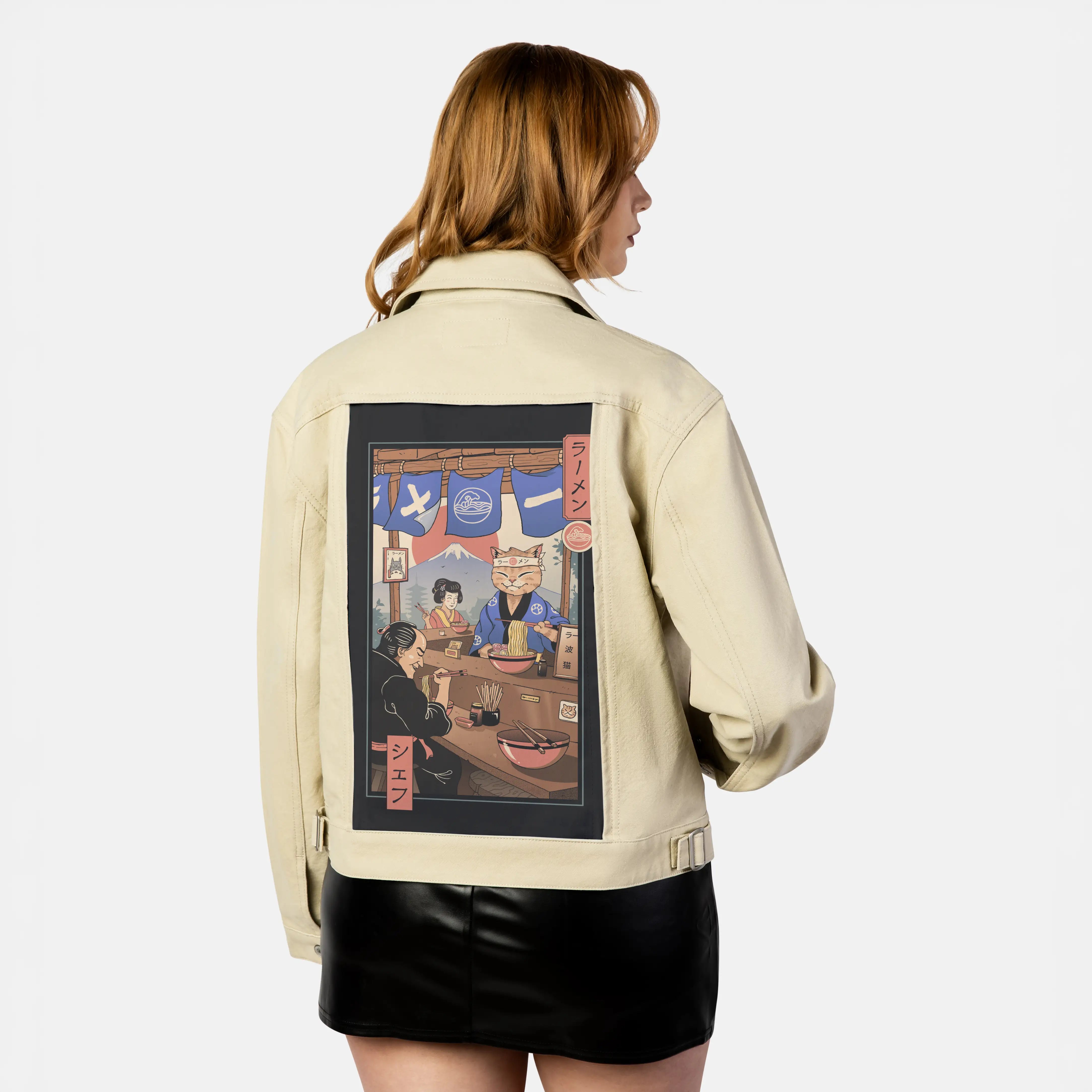 ramenmeowster patch on female atelier canvas jacket in tan