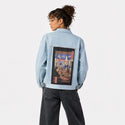 ramenmeowster patch on female og denim jacket in oceanside