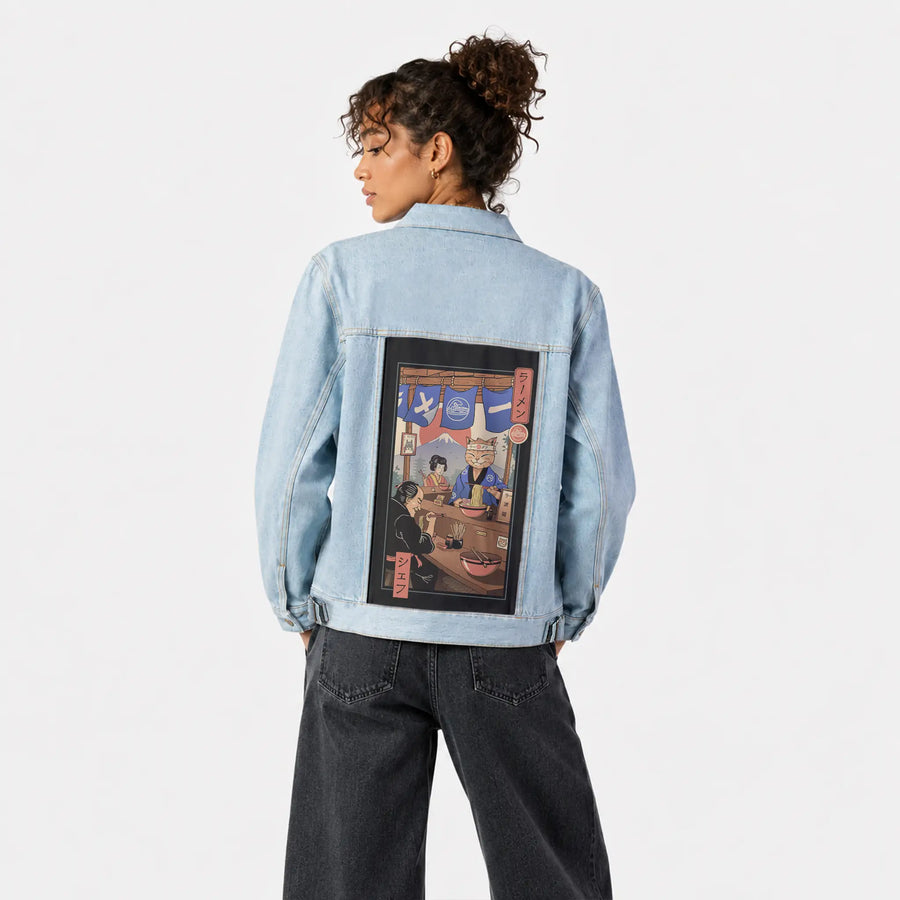 ramenmeowster patch on female og denim jacket in oceanside