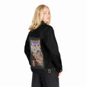 ramenmeowster patch on female og denim jacket in raven