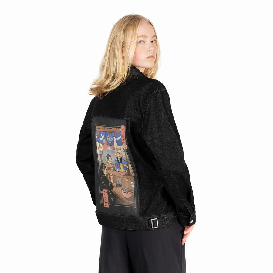 ramenmeowster patch on female og denim jacket in raven