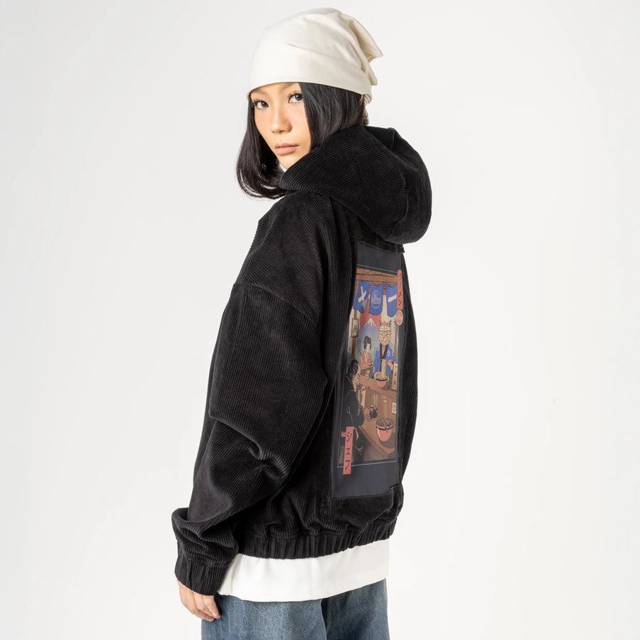 ramenmeowster patch on female retro cord hoodie in onyx