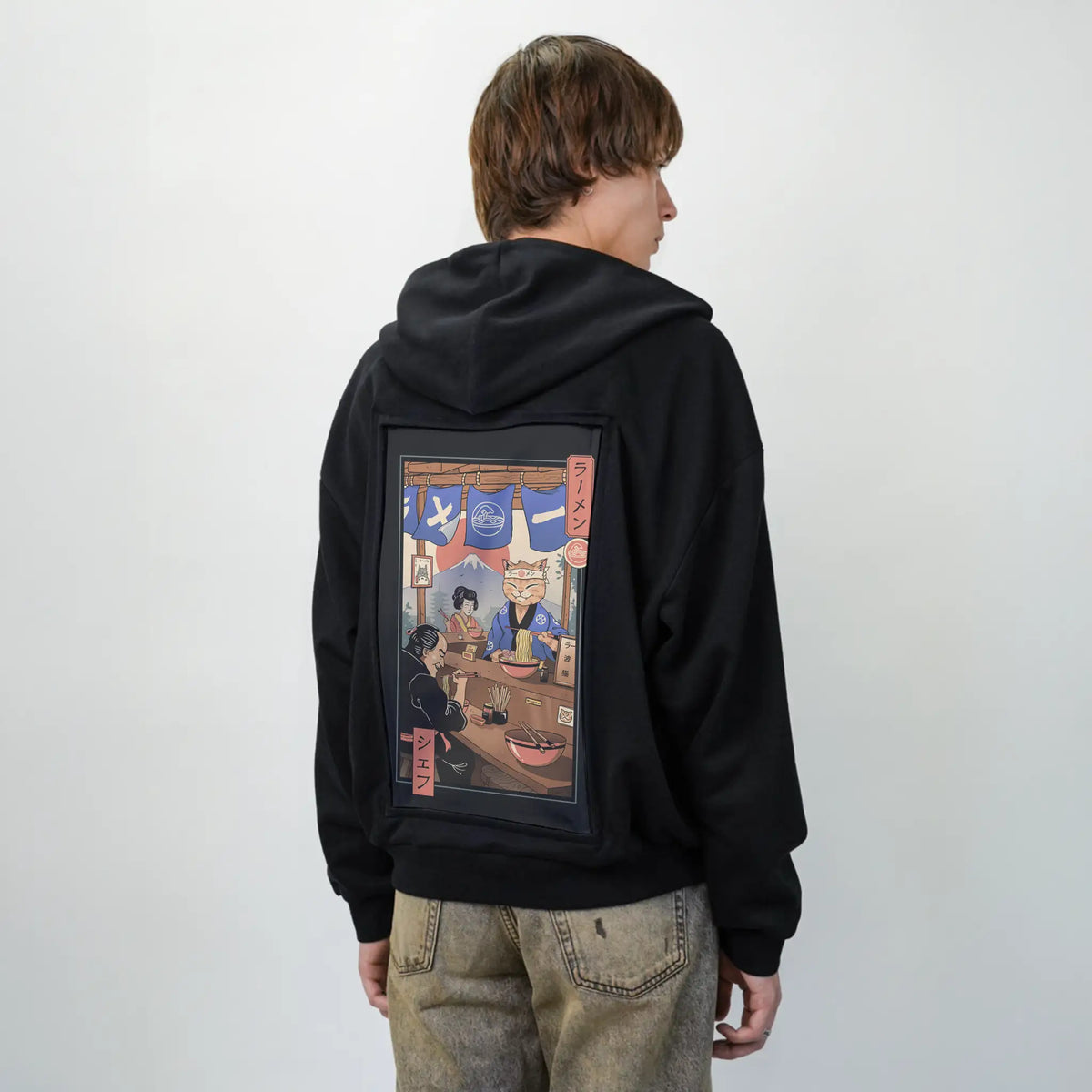 ramenmeowster patch on male essential zip hoodie in after hours