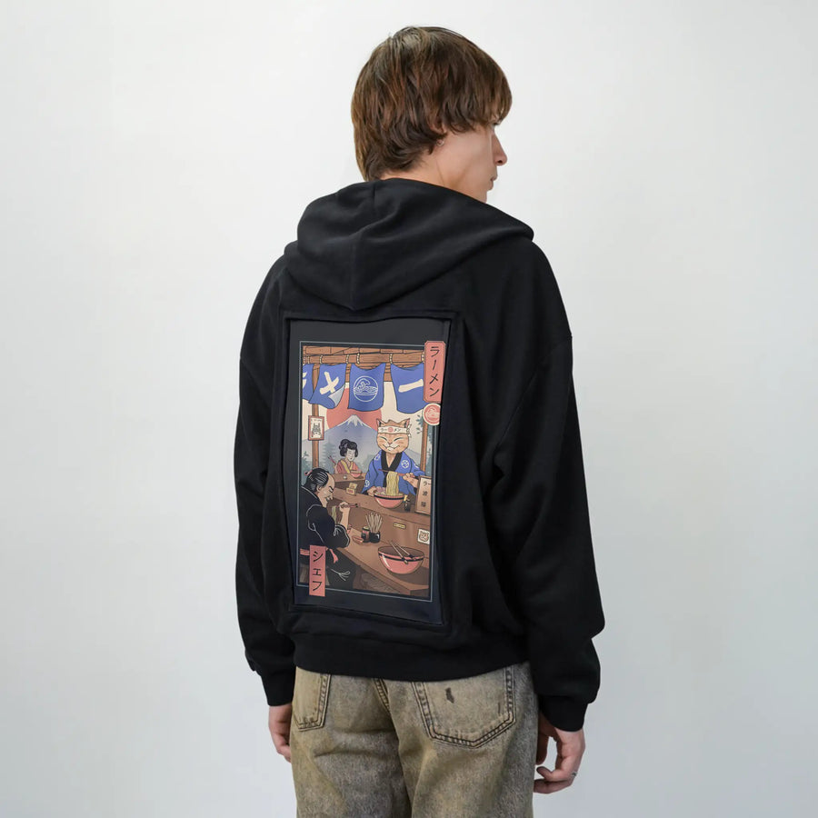 ramenmeowster patch on male essential zip hoodie in after hours