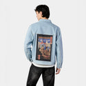 ramenmeowster patch on male og denim jacket in oceanside