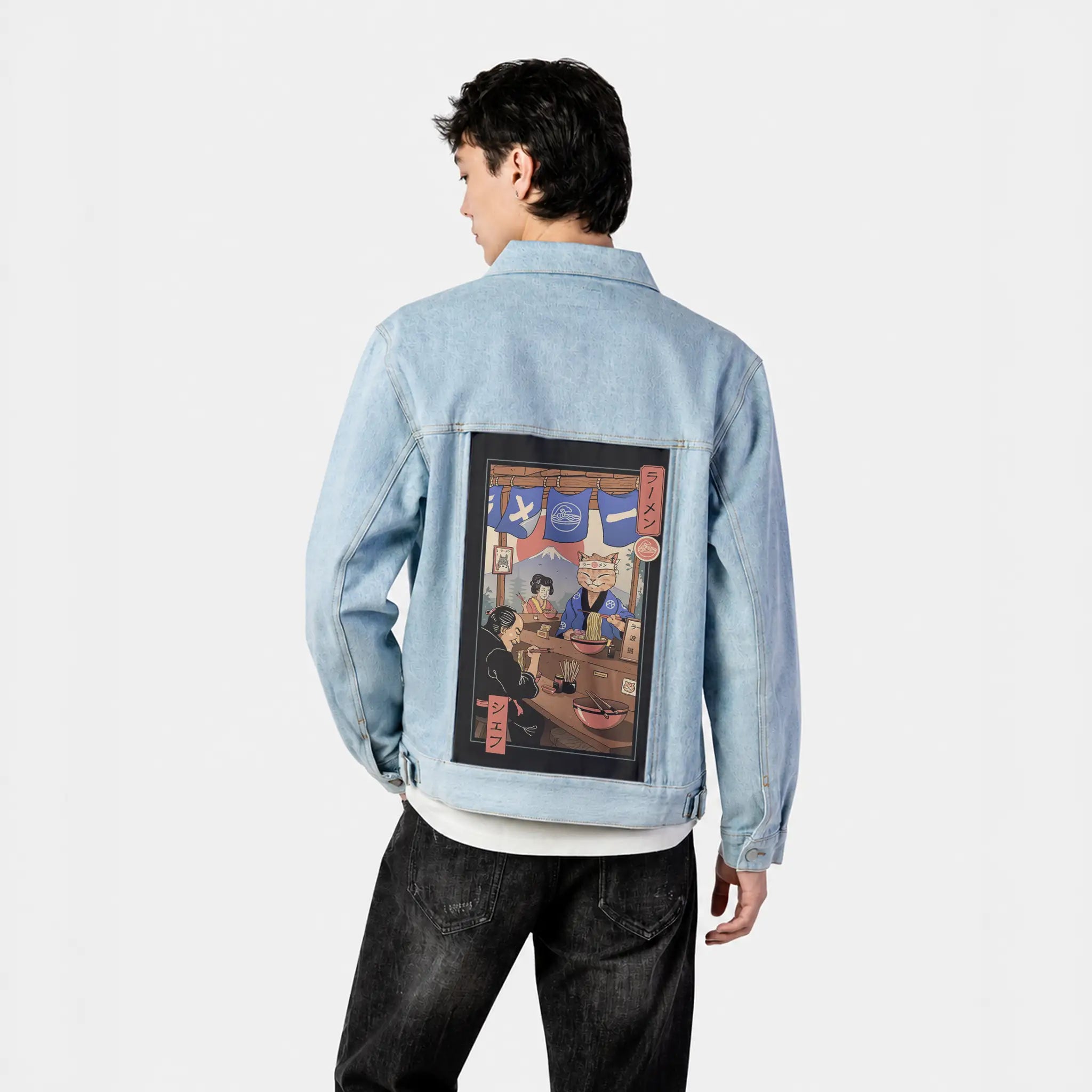 ramenmeowster patch on male og denim jacket in oceanside