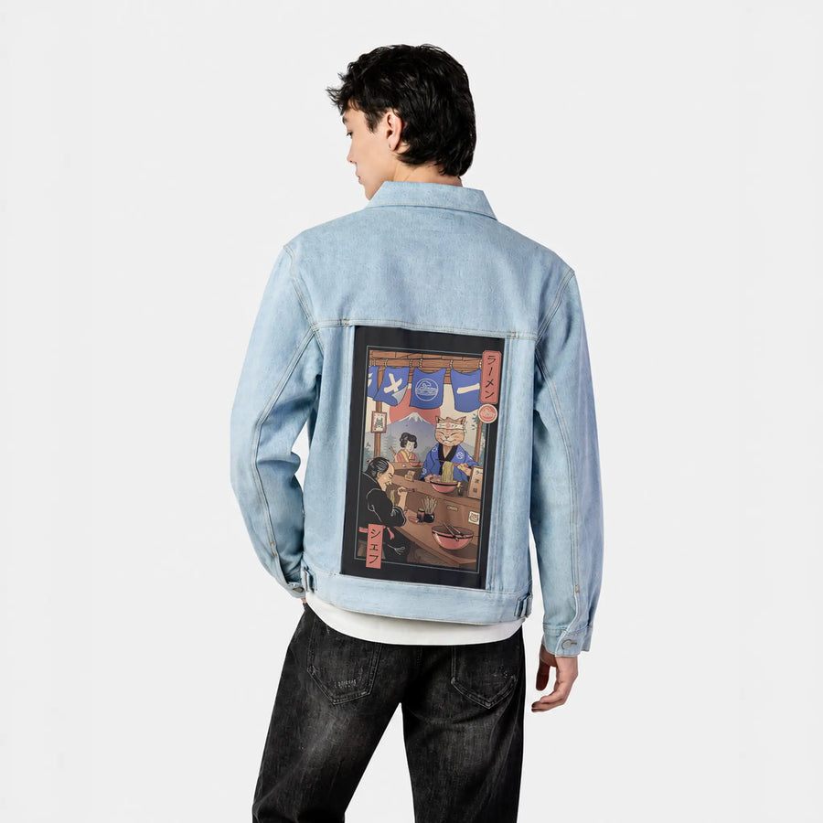 ramenmeowster patch on male og denim jacket in oceanside