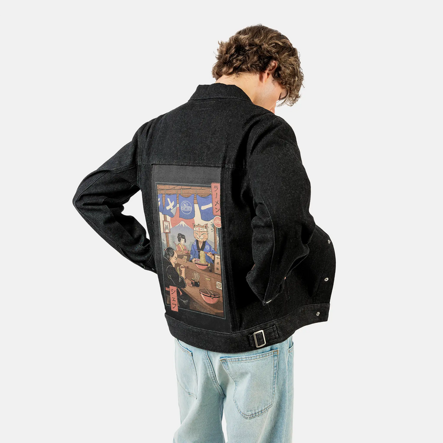 ramenmeowster patch on male og denim jacket in raven