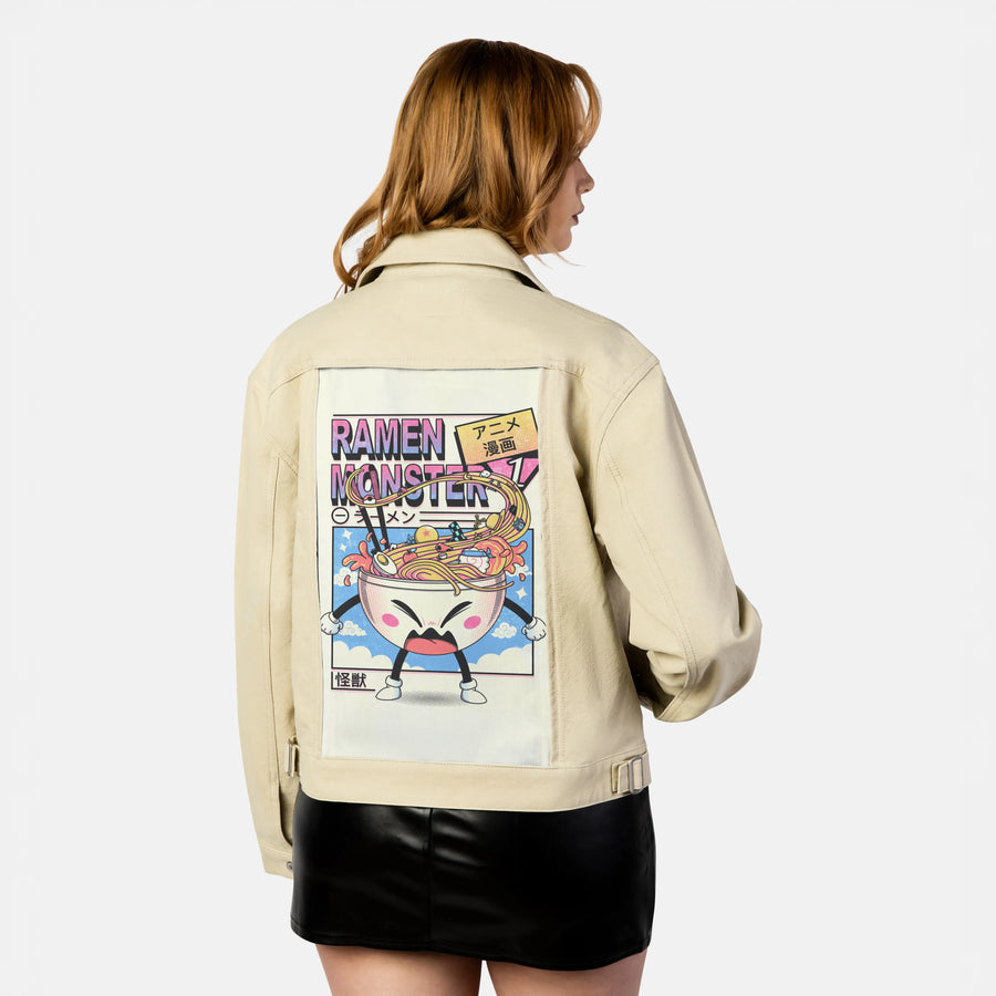 ramenmonster patch on female atelier canvas jacket in tan