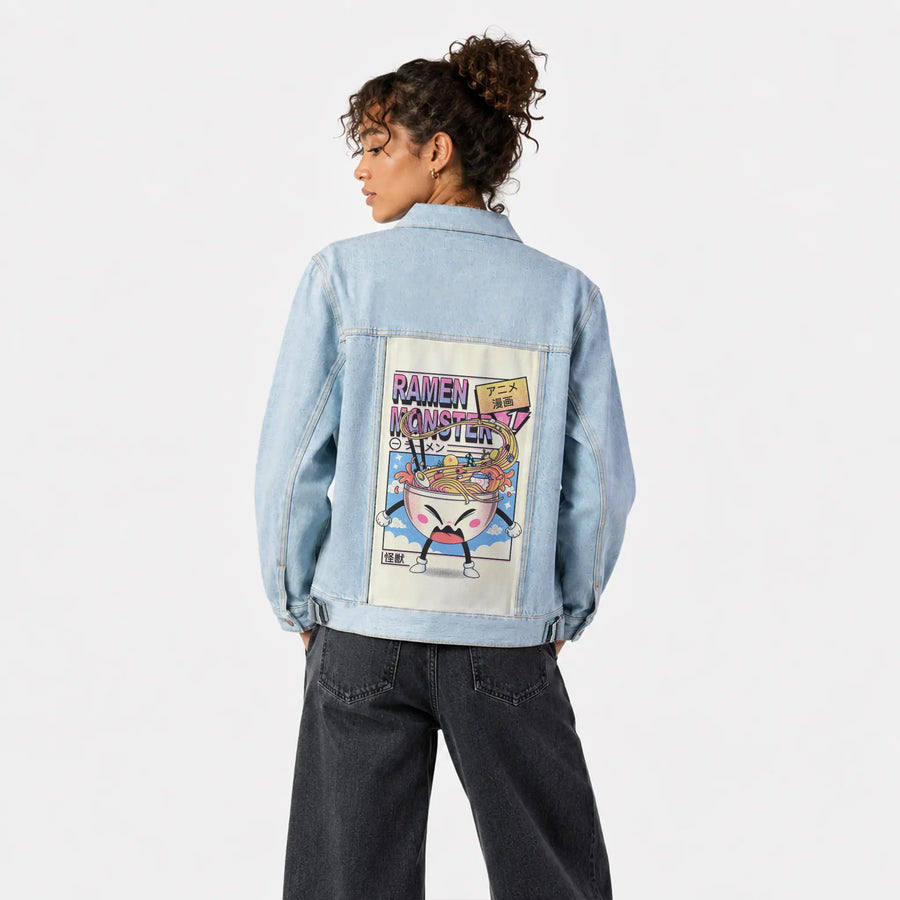 ramenmonster patch on female og denim jacket in oceanside