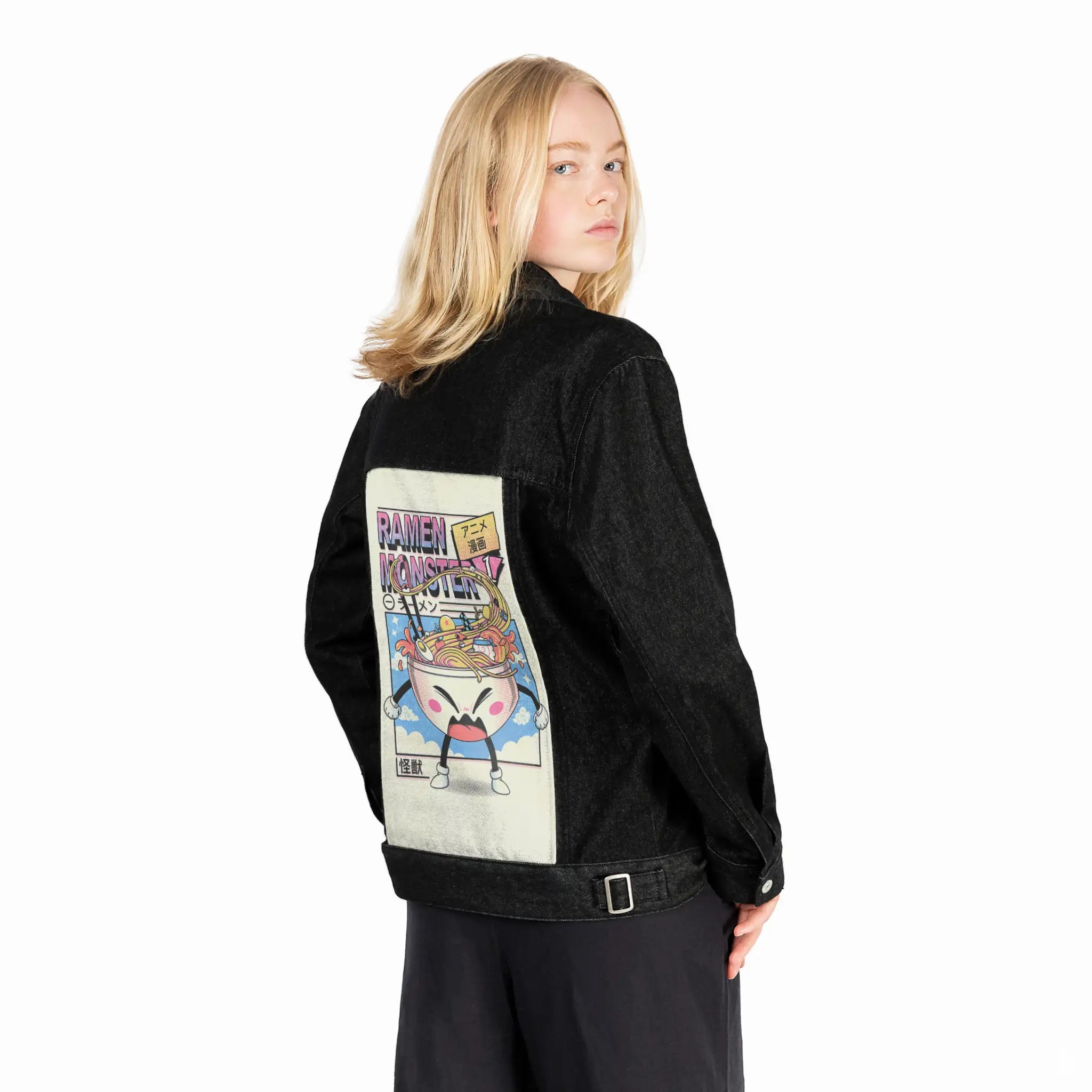 ramenmonster patch on female og denim jacket in raven