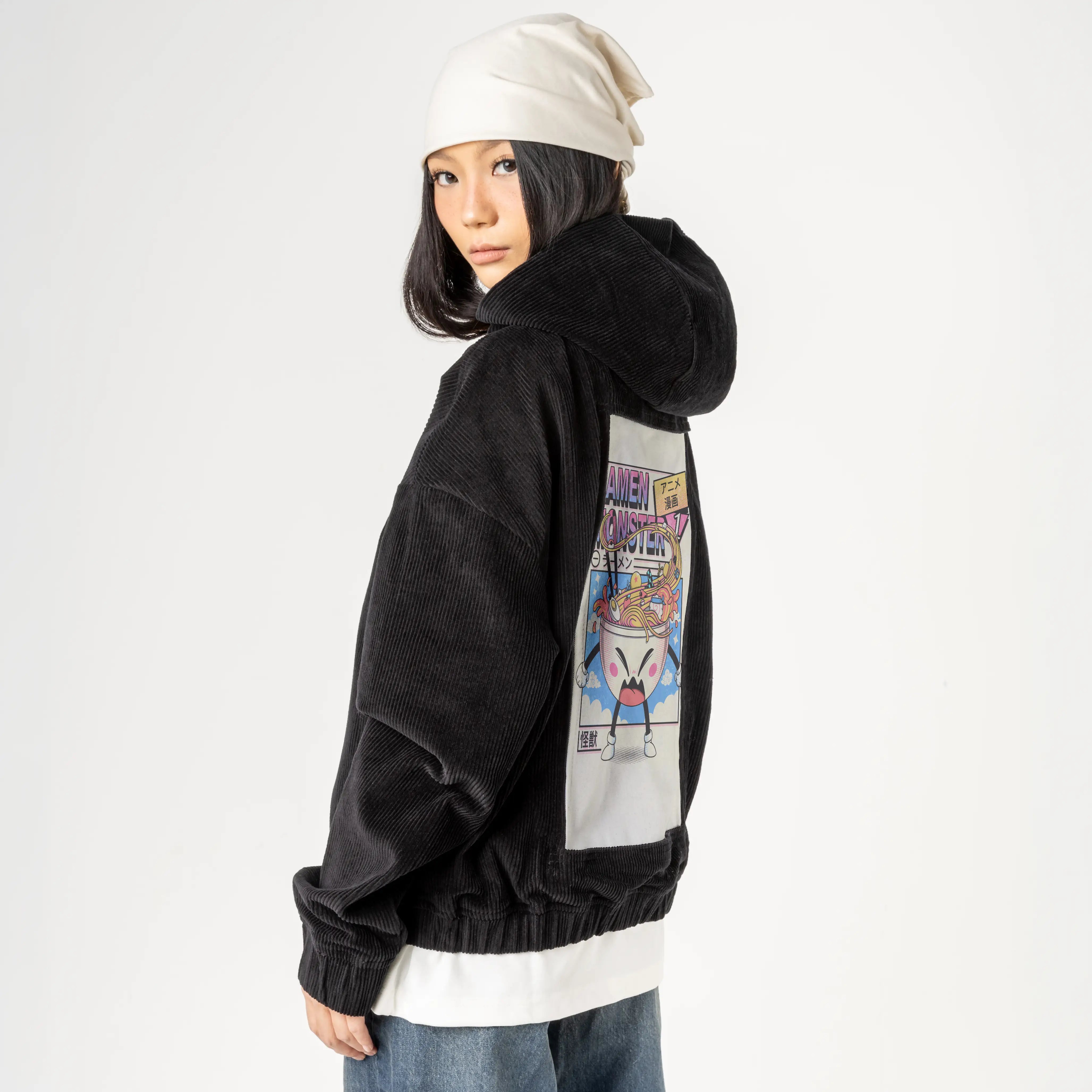 ramenmonster patch on female retro cord hoodie in onyx