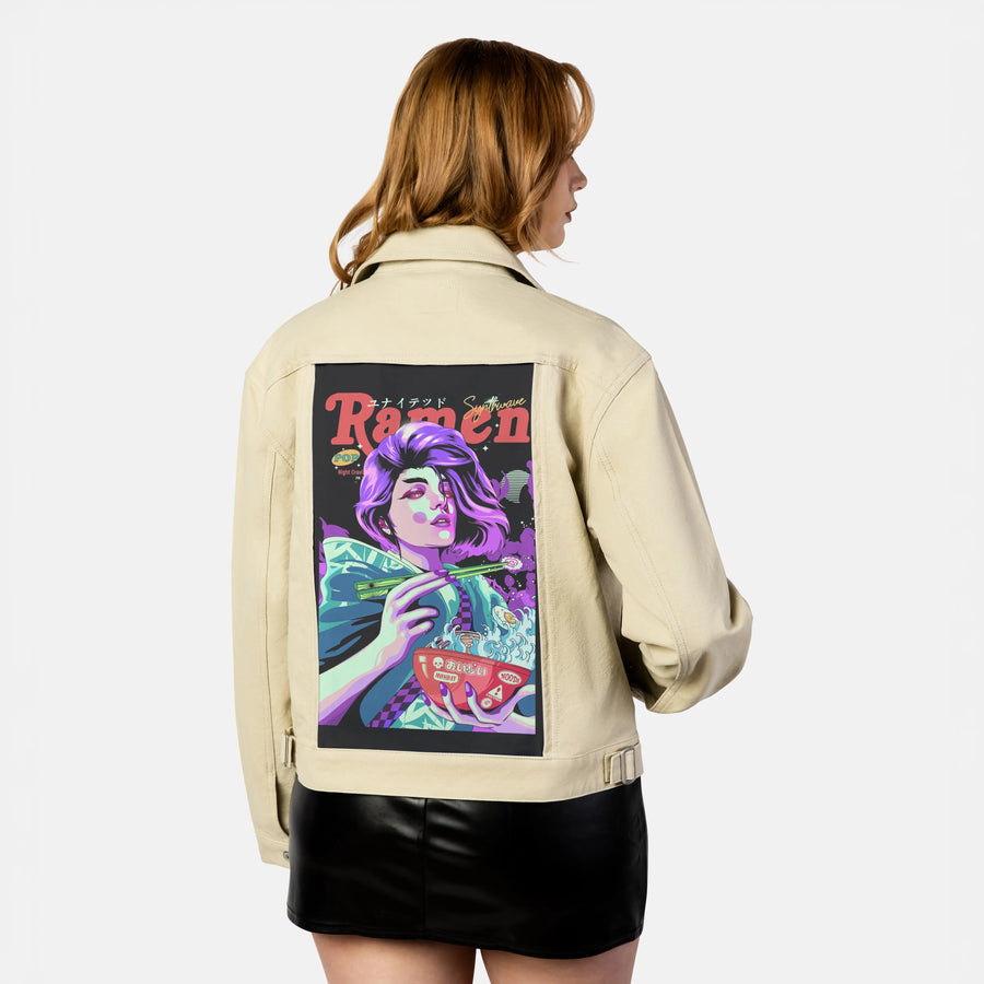 ramennightgeisha patch on female atelier canvas jacket in tan