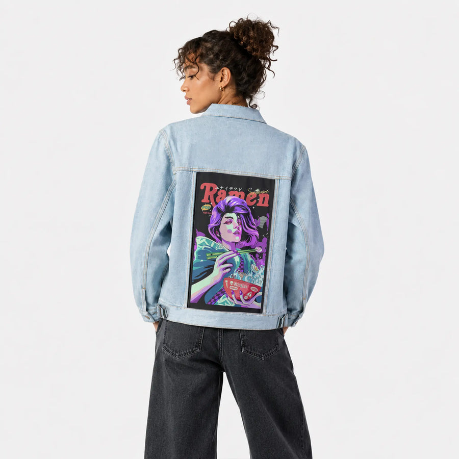 ramennightgeisha patch on female og denim jacket in oceanside