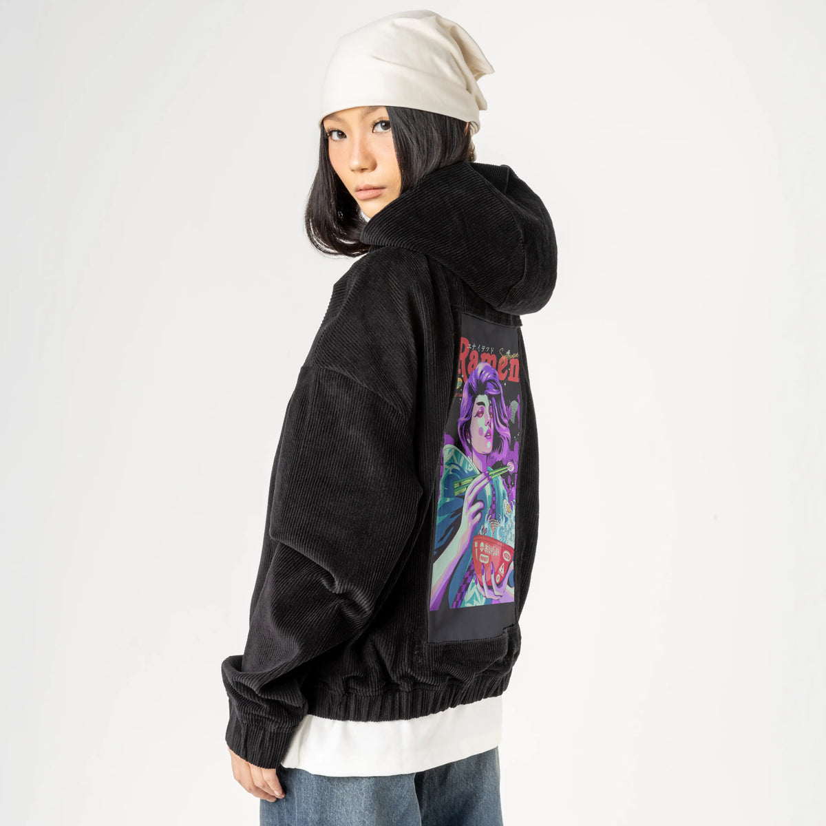 ramennightgeisha patch on female retro cord hoodie in onyx