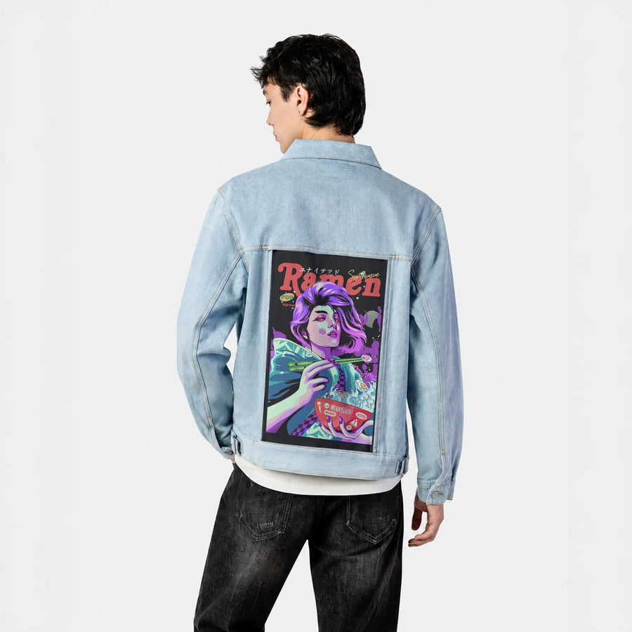 ramennightgeisha patch on male og denim jacket in oceanside