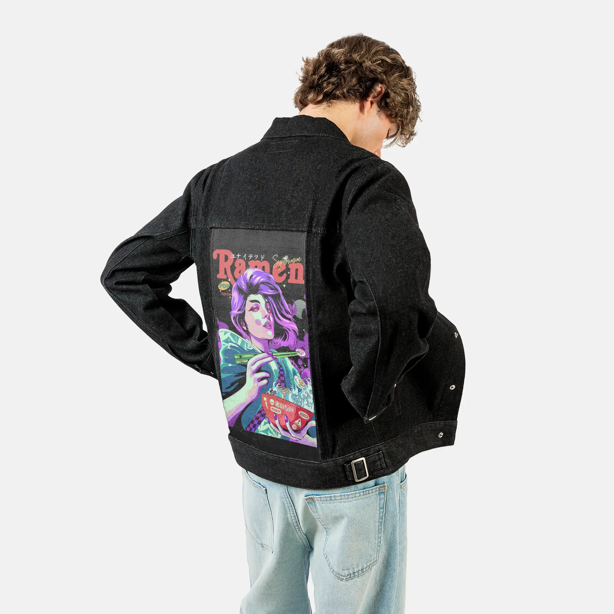 ramennightgeisha patch on male og denim jacket in raven