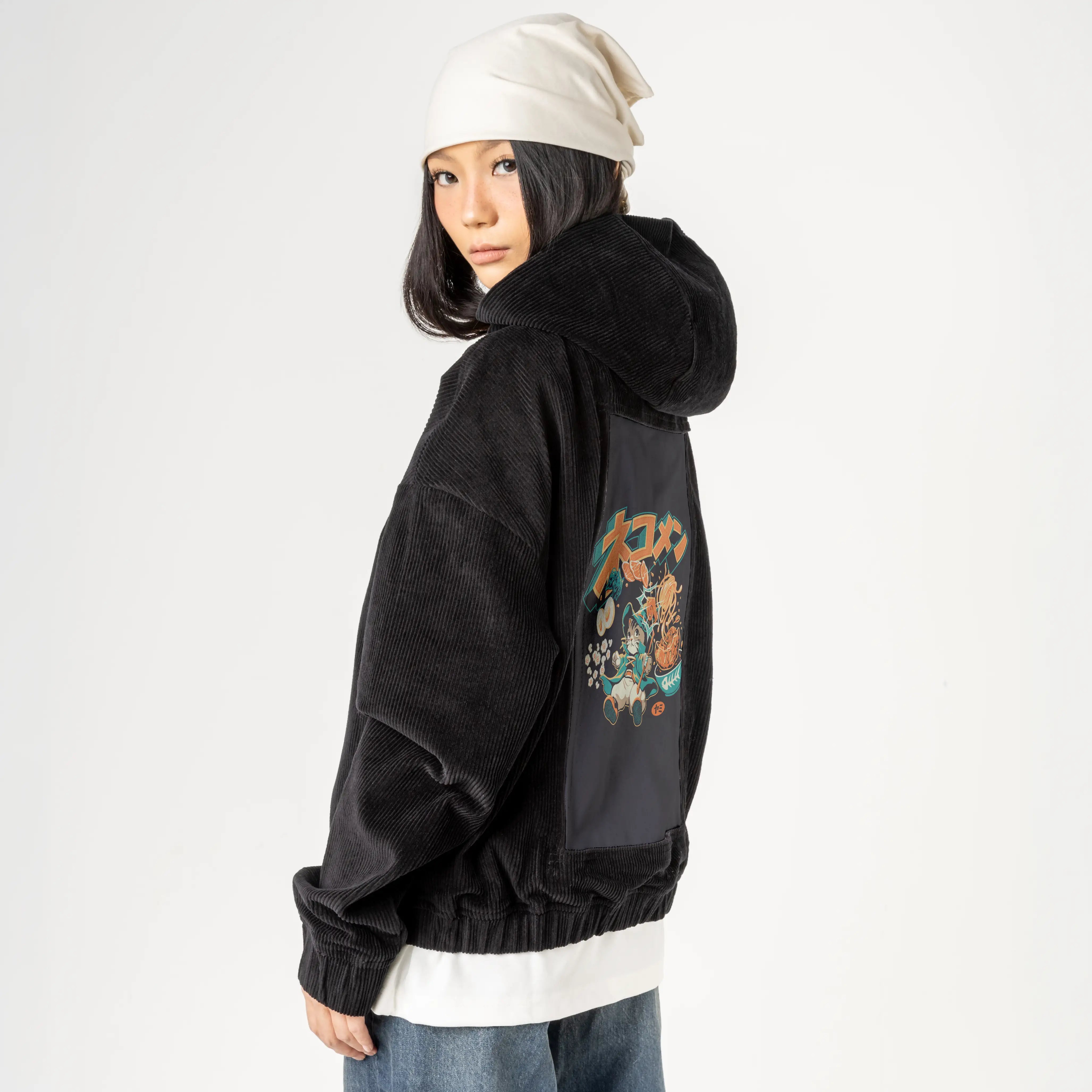 ramenwhimsy patch on female retro cord hoodie in onyx