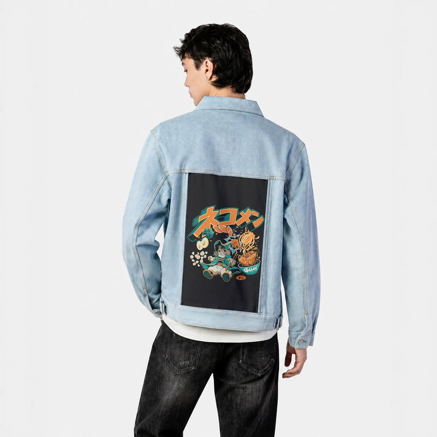 ramenwhimsy patch on male og denim jacket in oceanside