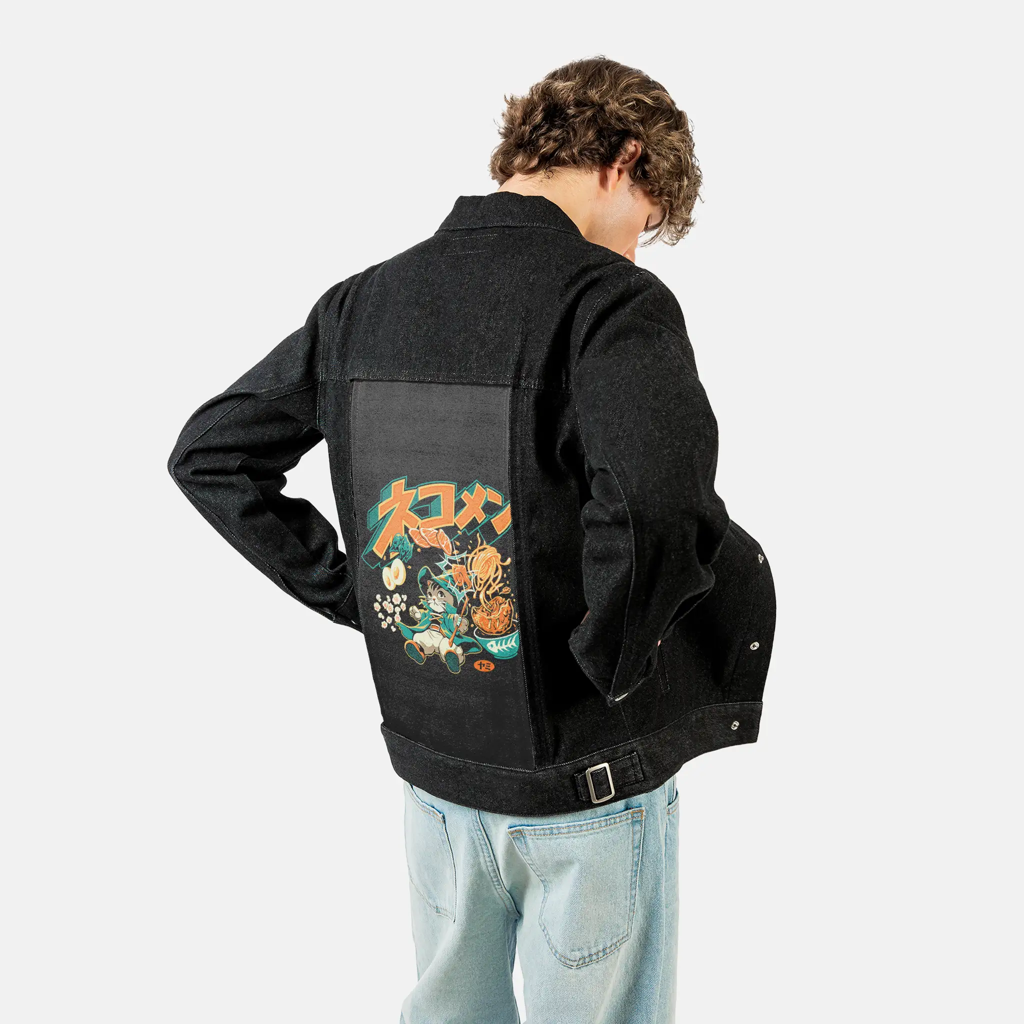 ramenwhimsy patch on male og denim jacket in raven