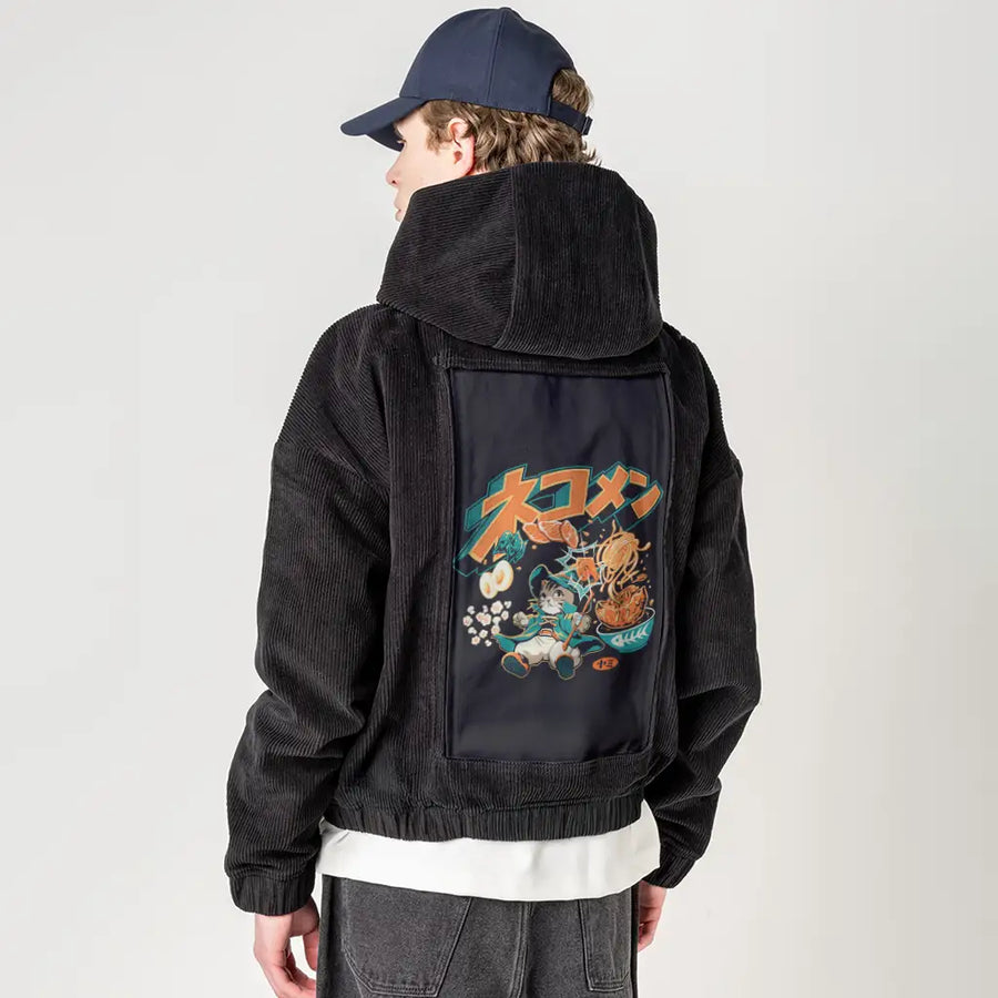 ramenwhimsy patch on male retro cord hoodie in onyx