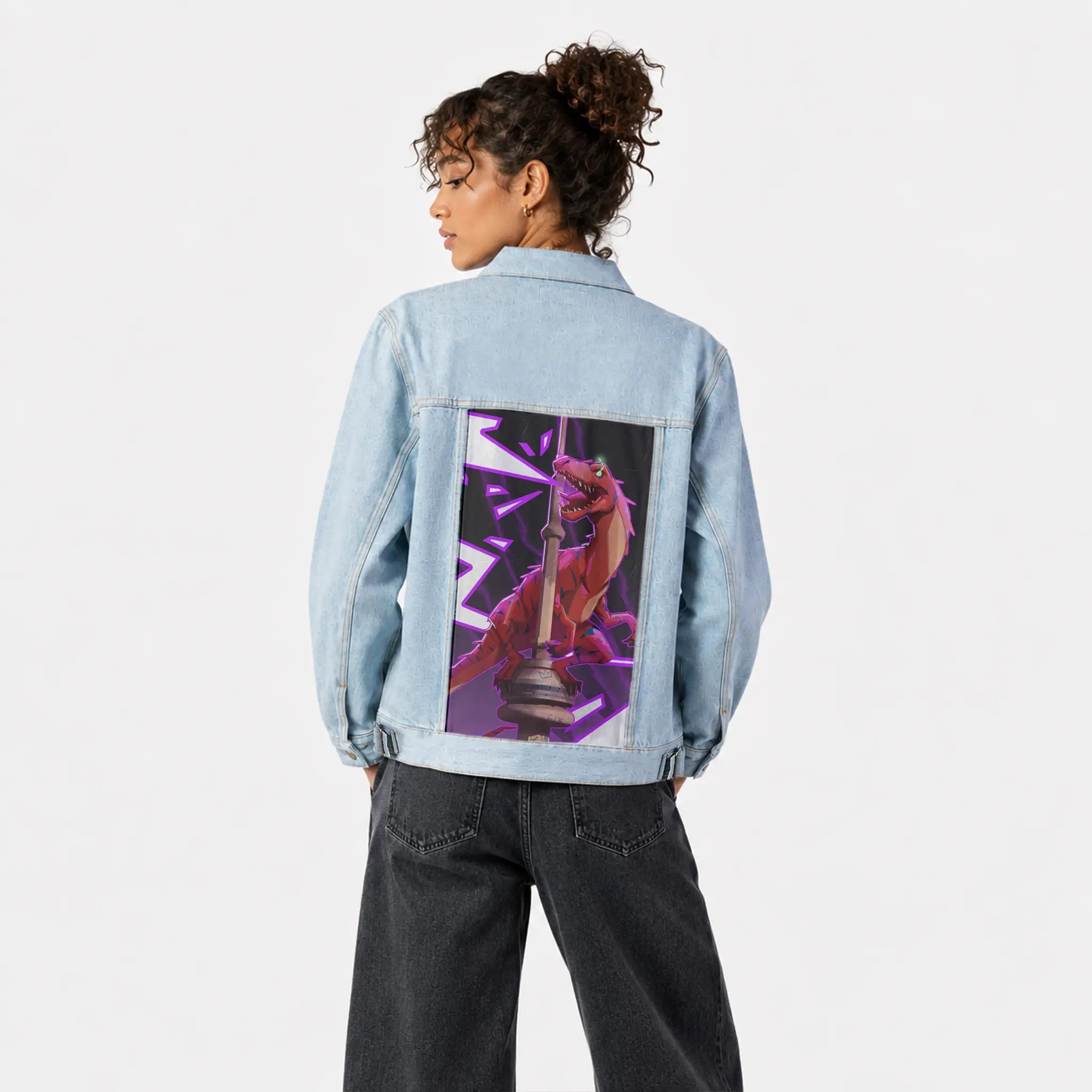 raptortower patch on female og denim jacket in oceanside