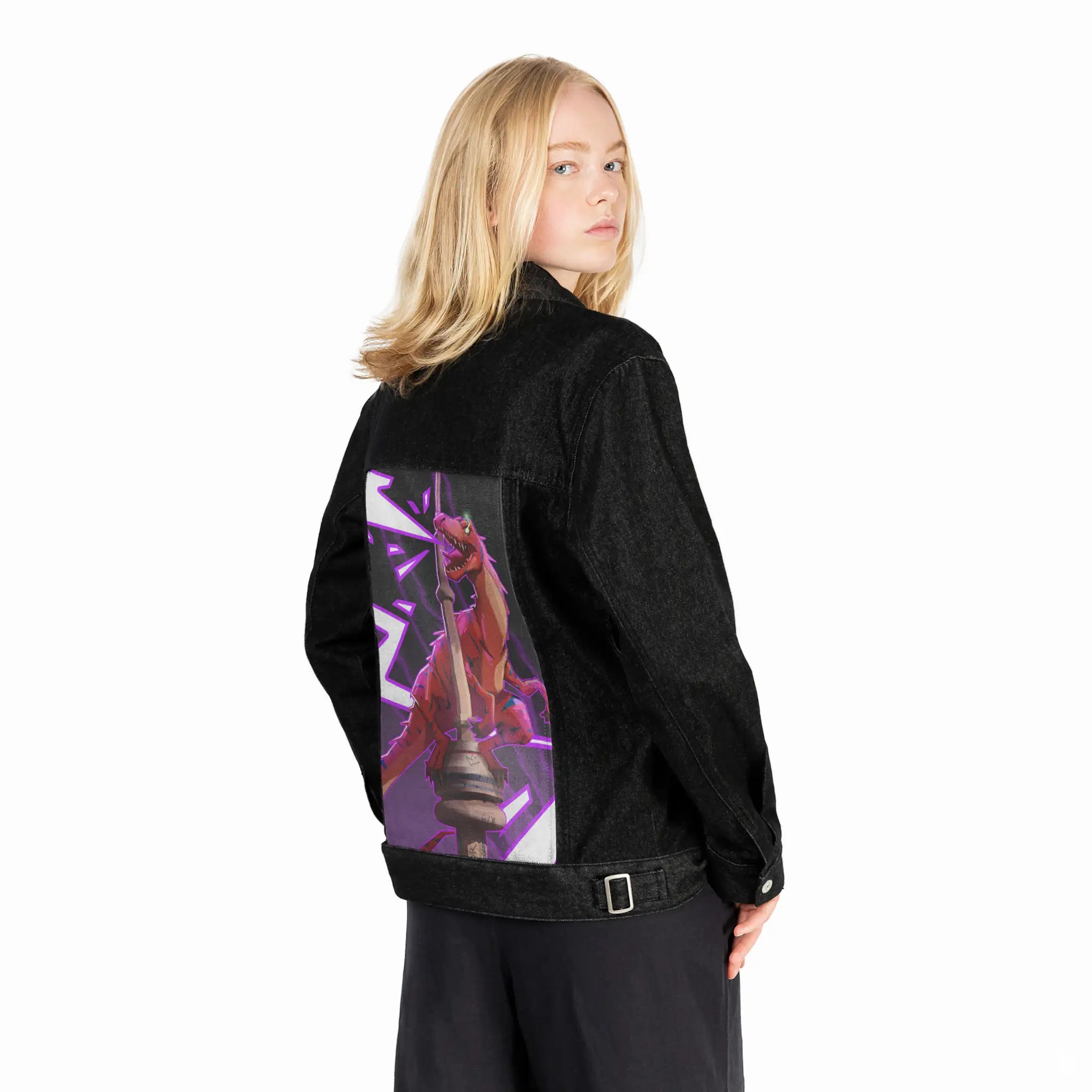 raptortower patch on female og denim jacket in raven