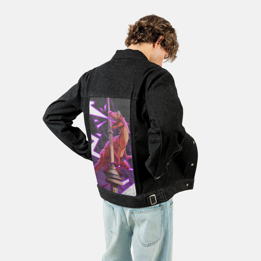raptortower patch on male og denim jacket in raven