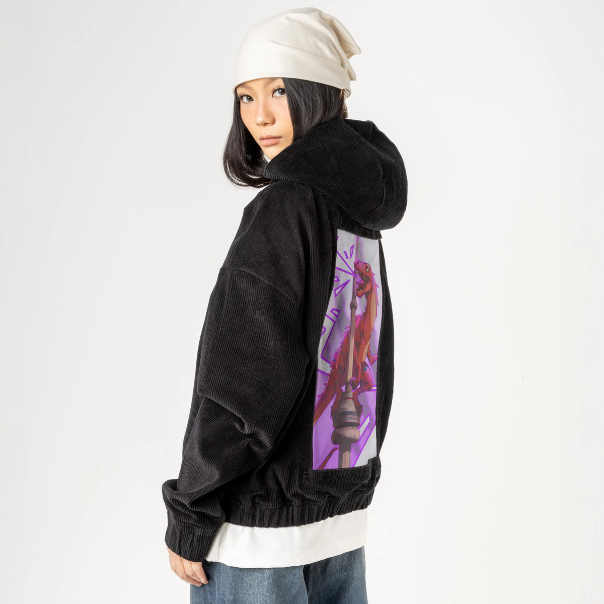 raptortowerlight patch on female retro cord hoodie in onyx