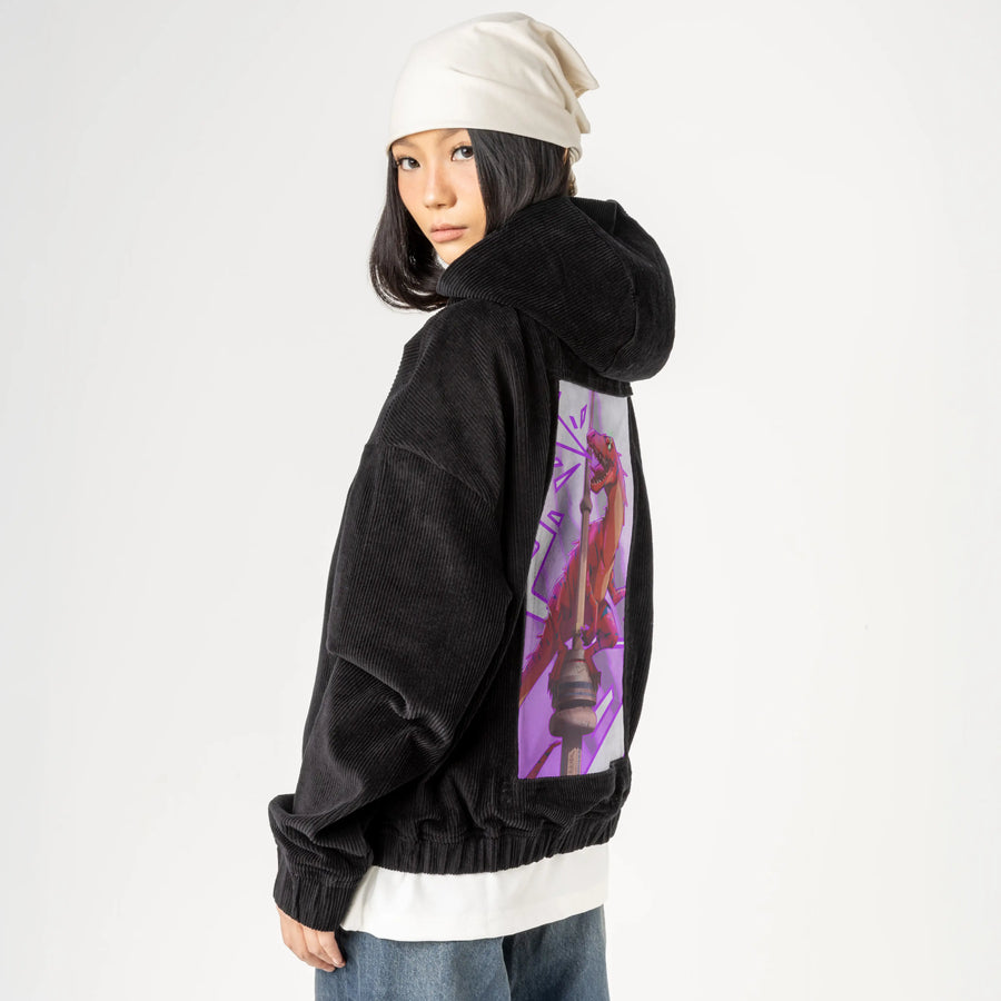 raptortowerlight patch on female retro cord hoodie in onyx