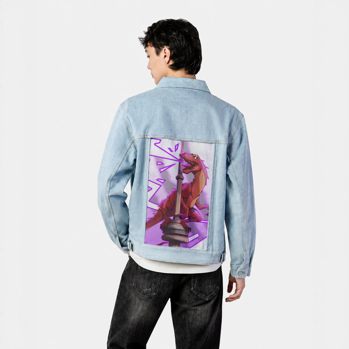raptortowerlight patch on male og denim jacket in oceanside