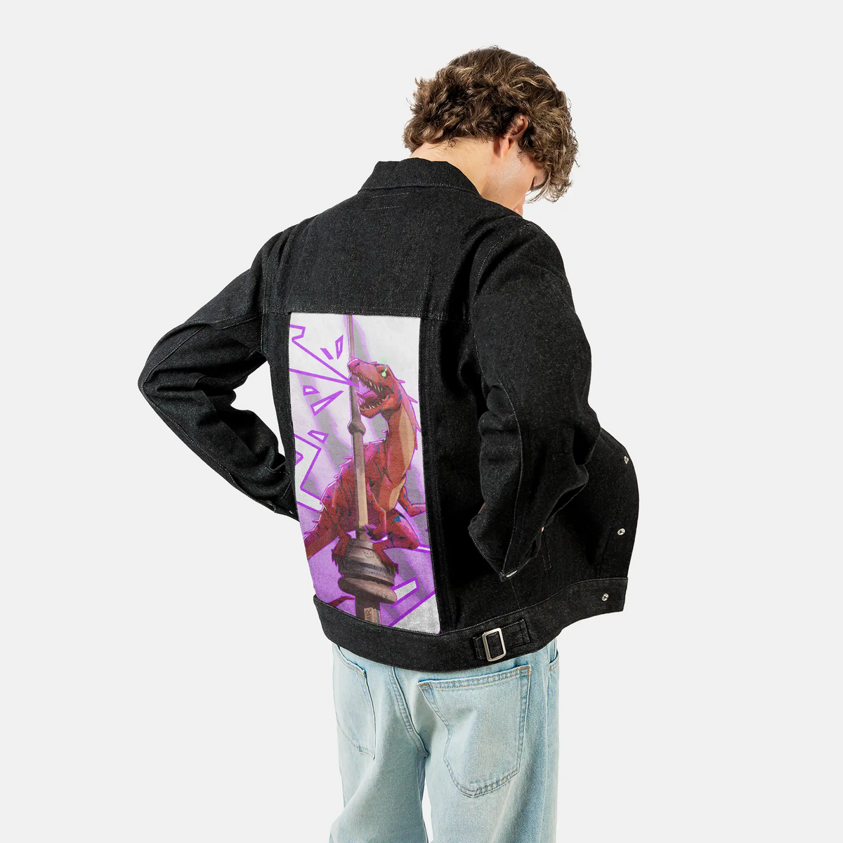 raptortowerlight patch on male og denim jacket in raven
