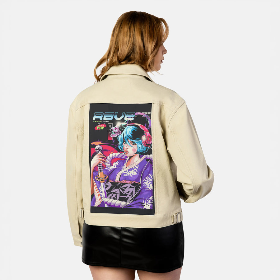 ravepopgeisha patch on female atelier canvas jacket in tan
