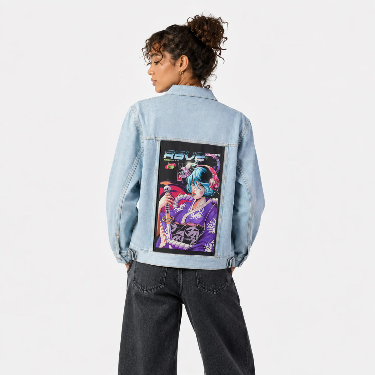 ravepopgeisha patch on female og denim jacket in oceanside