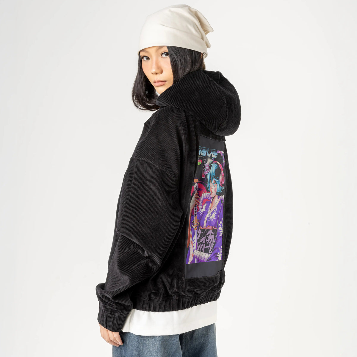 ravepopgeisha patch on female retro cord hoodie in onyx