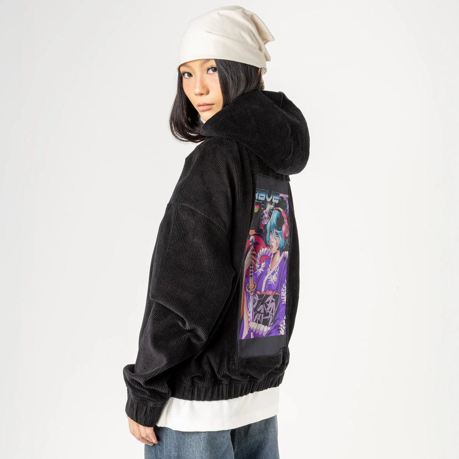 ravepopgeisha patch on female retro cord hoodie in onyx
