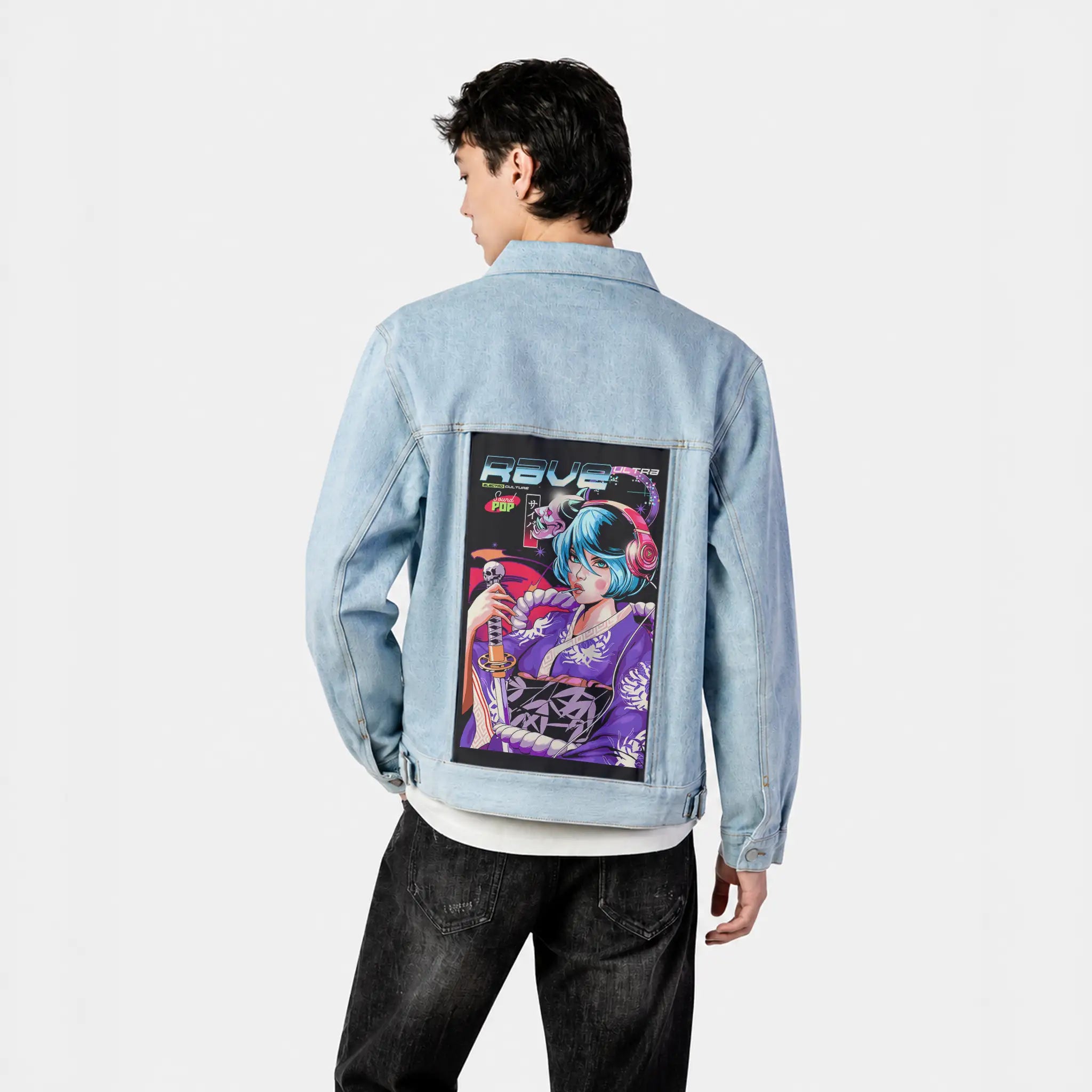 ravepopgeisha patch on male og denim jacket in oceanside