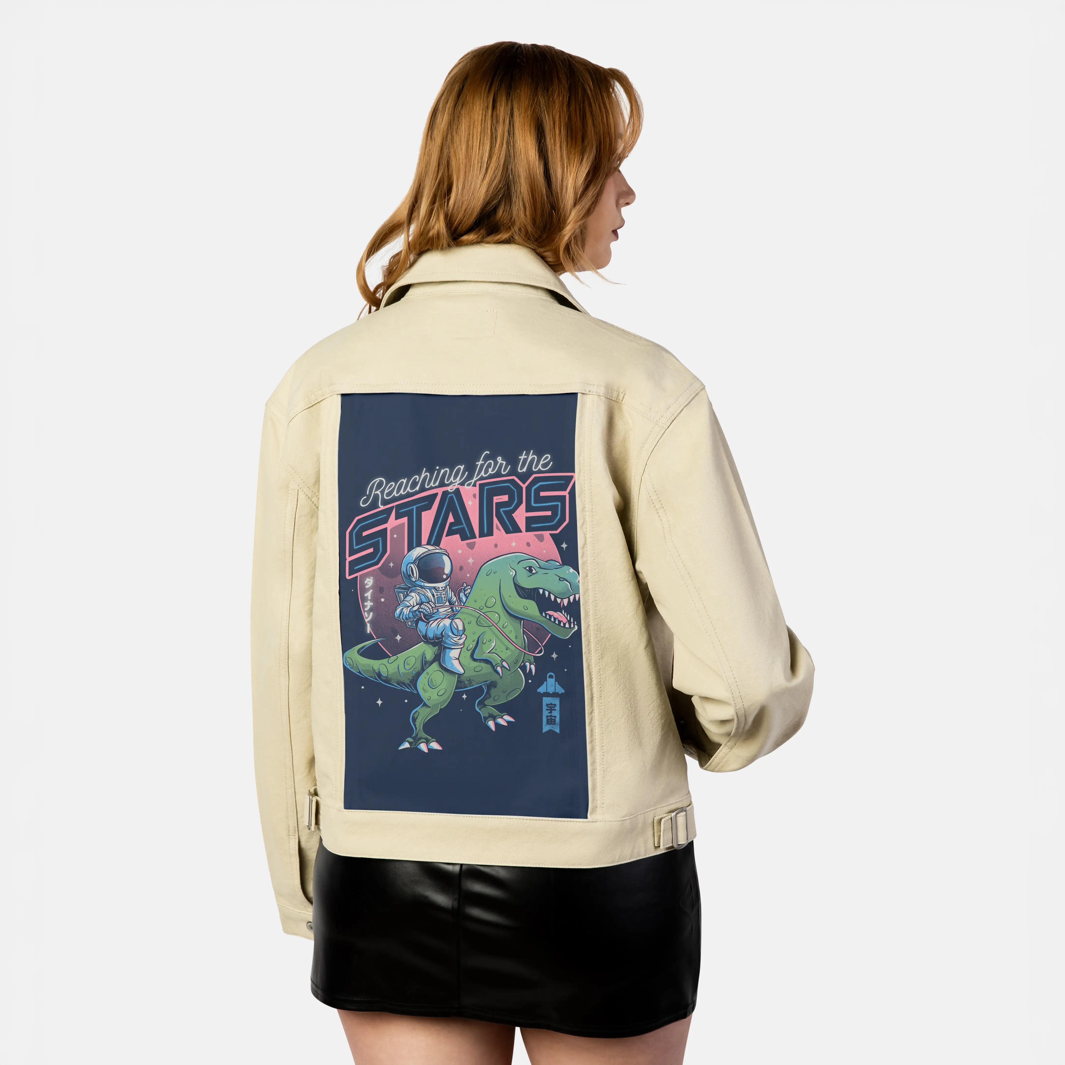 reachingforthestars patch on female atelier canvas jacket in tan