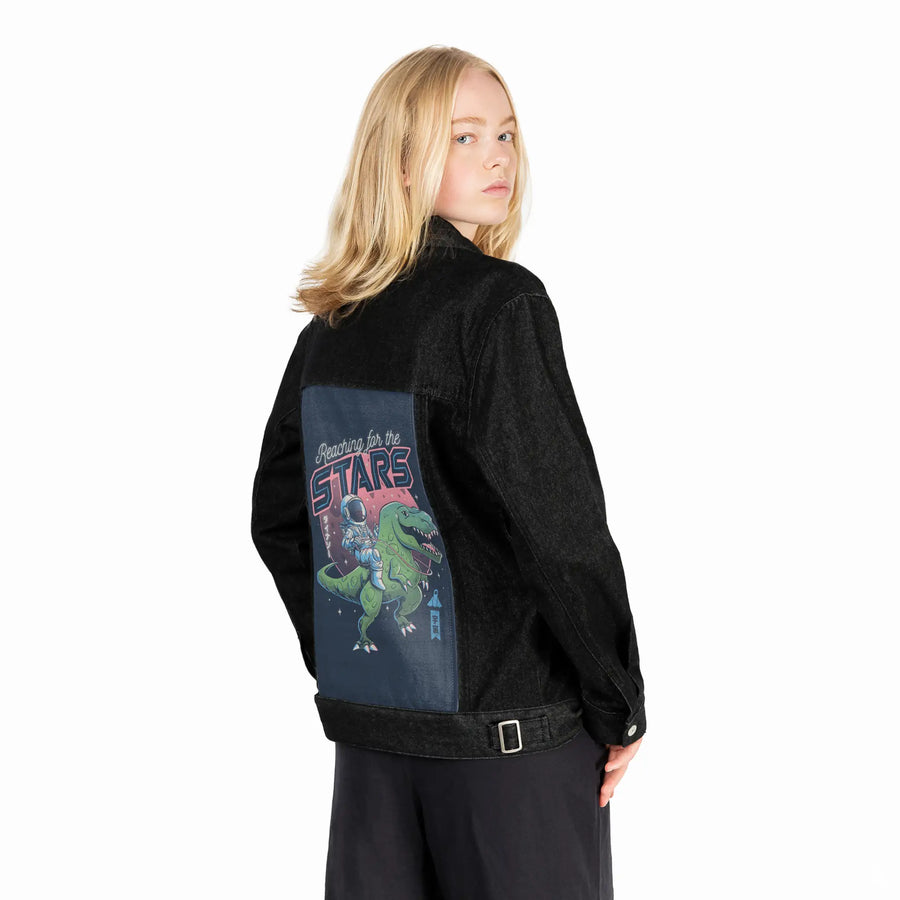 reachingforthestars patch on female og denim jacket in raven